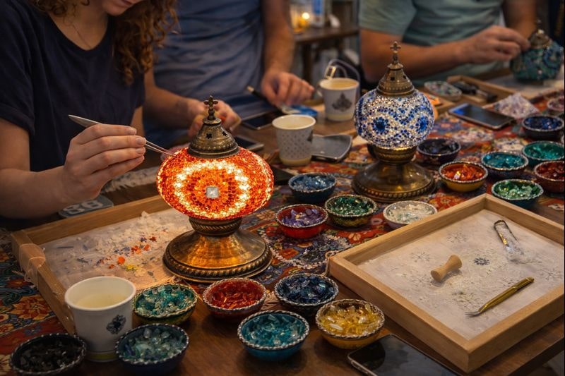Participants design mosaic lamps together – creative activity in Berlin at Orient Art Studio
