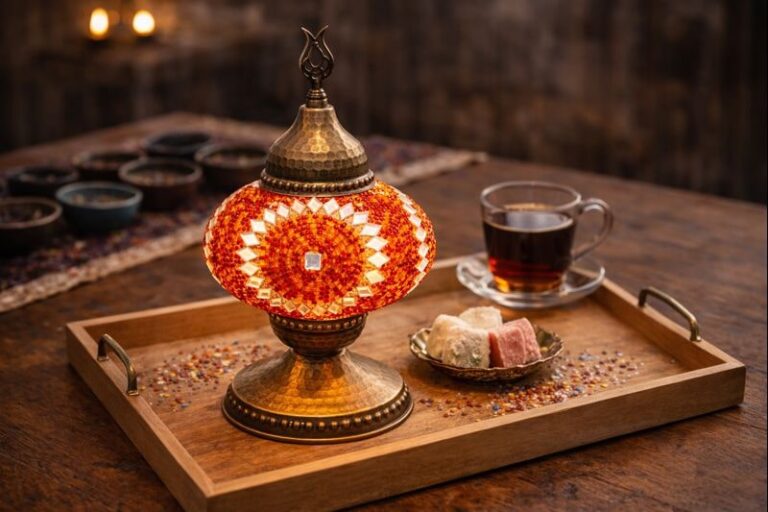 Oriental mosaic lamp on light wooden tray – Mosaic Lamp Workshop in Berlin at Orient Art Studio