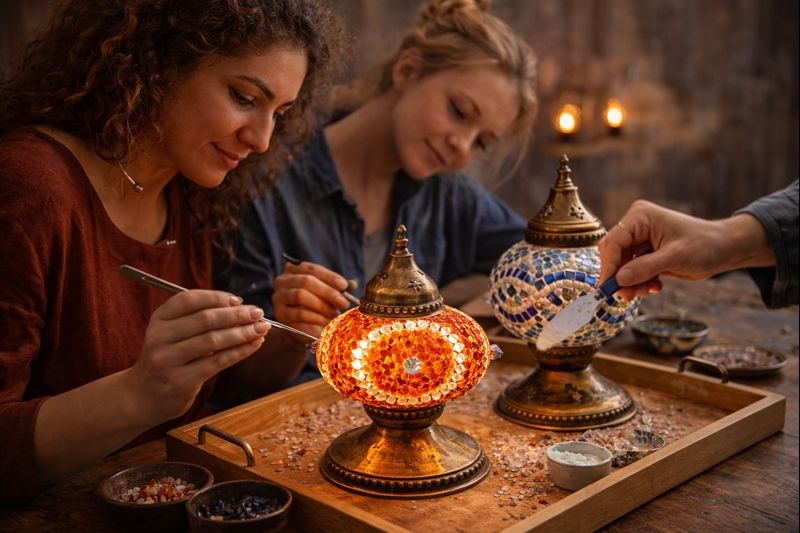 Participants design an oriental mosaic lamp in the DIY Workshop by Orient Art Studio Berlin