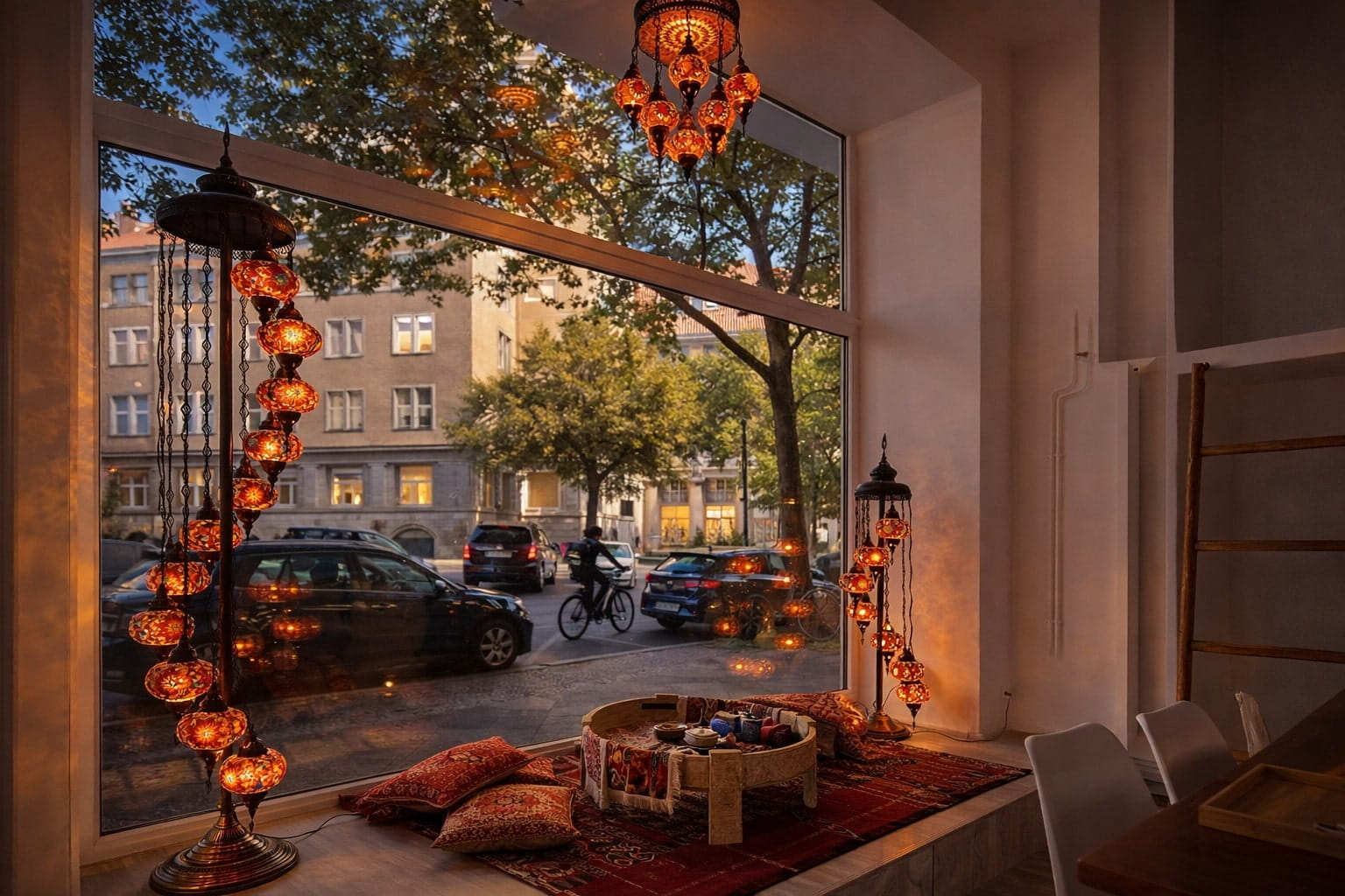 Interior of Orient Art Studio in Berlin with glowing oriental mosaic lamps by the window