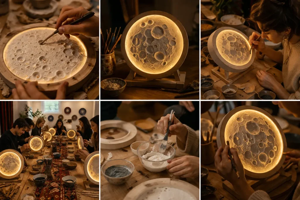 Creative DIY workshop in Berlin participants design glowing moon lamps with tools and colors