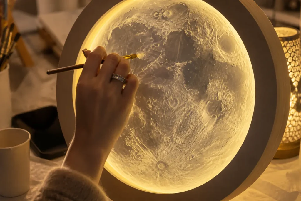 Close-up of a glowing moon lamp during design in the workshop in Berlin