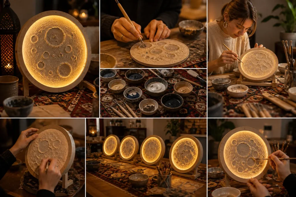 Participants design moon lamps in the workshop in Berlin with close-ups of craftsmanship and materials