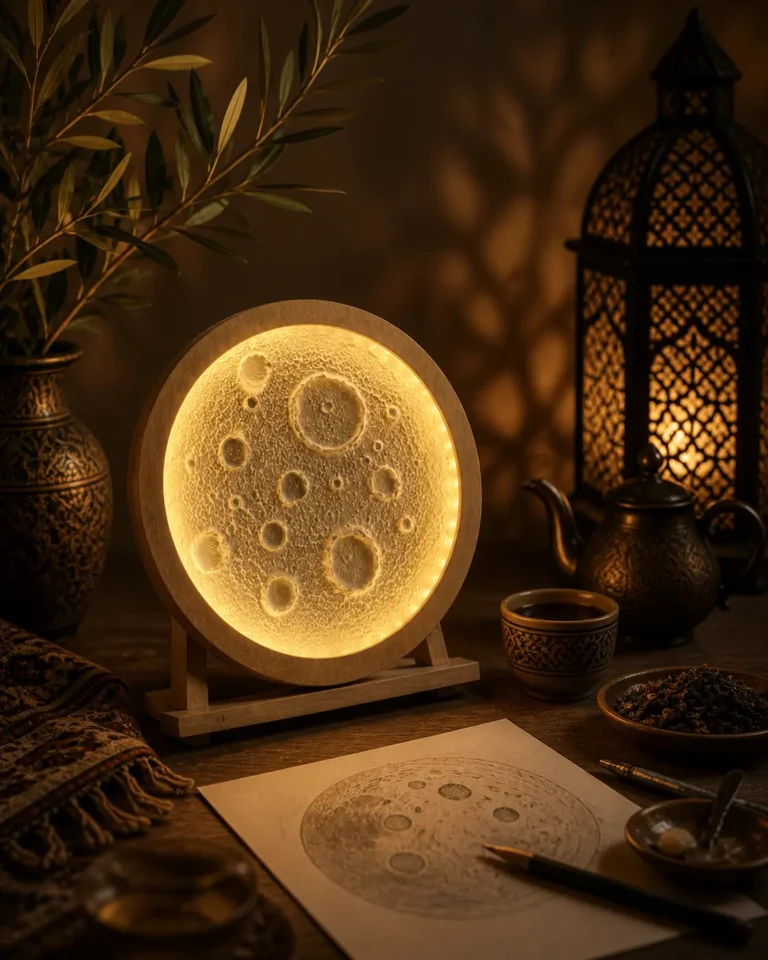 Glowing moon lamp in the Berlin workshop with tea and oriental atmosphere