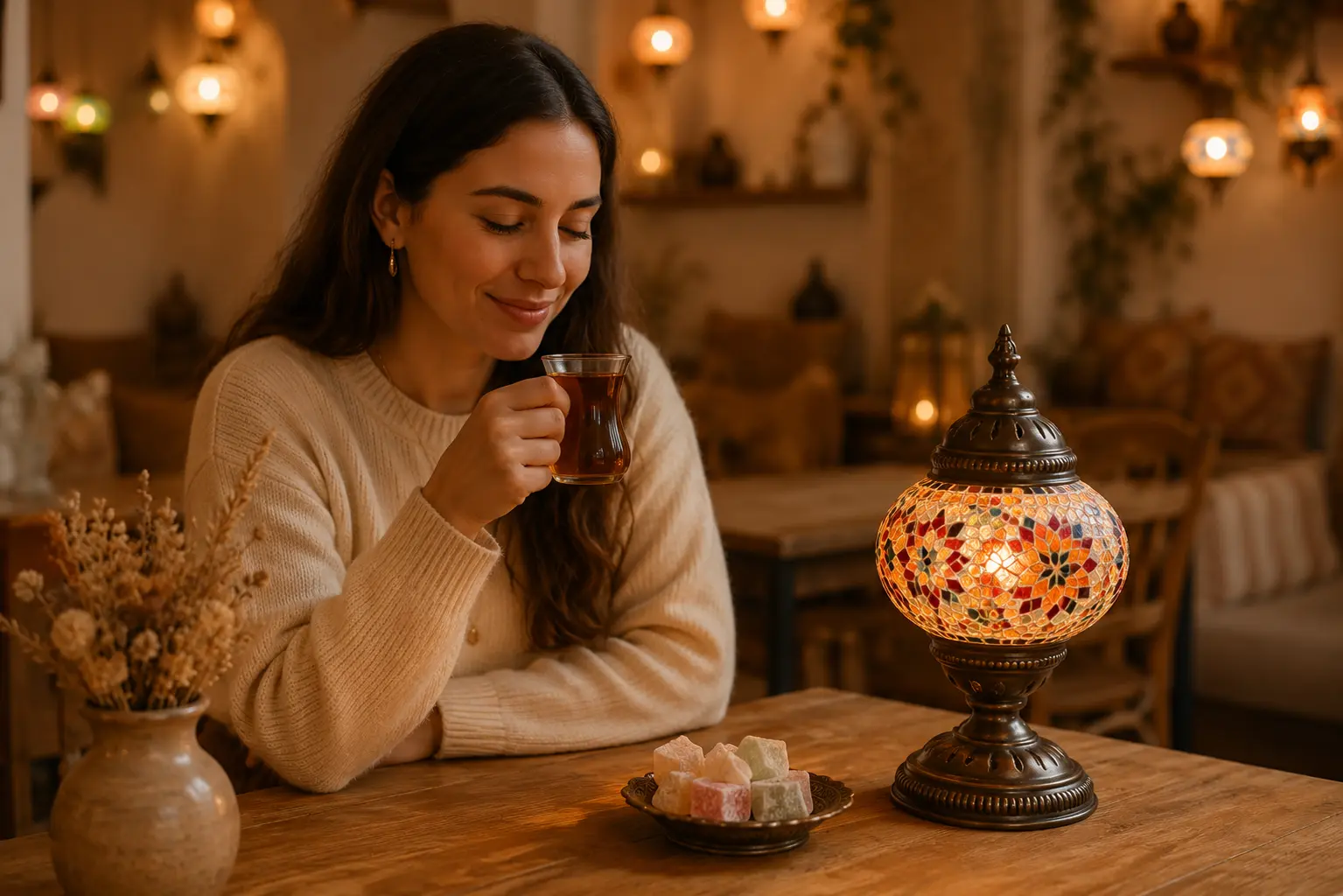 Participant enjoying Turkish tea next to her self-designed glowing mosaic lamp in the workshop in Berlin