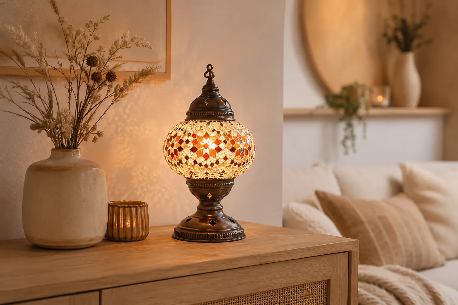 Glowing oriental mosaic lamp as a handmade one-of-a-kind piece in a modern living room