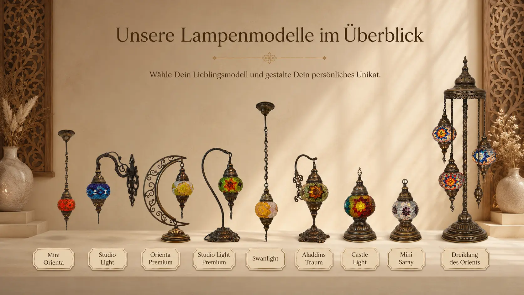 Overview of all mosaic lamp models from Orient Art Studio Berlin – Mini Orienta, Studio Light, Orienta Premium, Studio Light Premium, Swanlight, Aladdin’s Dream, Castle Light, Mini Saray, and Dreiklang des Orients.